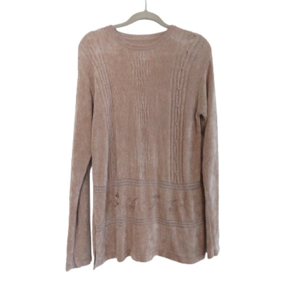 Vintage Sweaters - VINTAGE 90s Chenille Beige Tan Embroidered Cable Knit Crew Neck Tunic Sweater